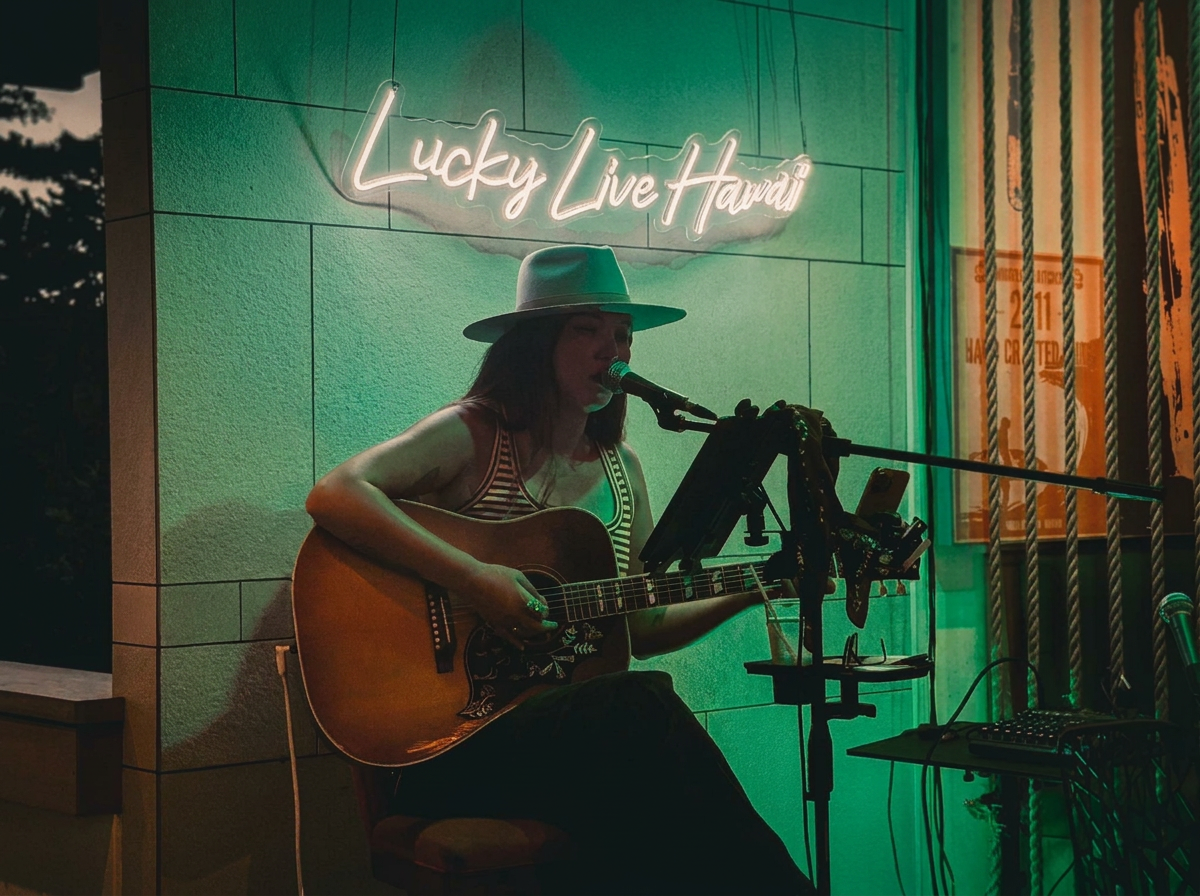 Kris Bradley performing live in front of a neon sign.